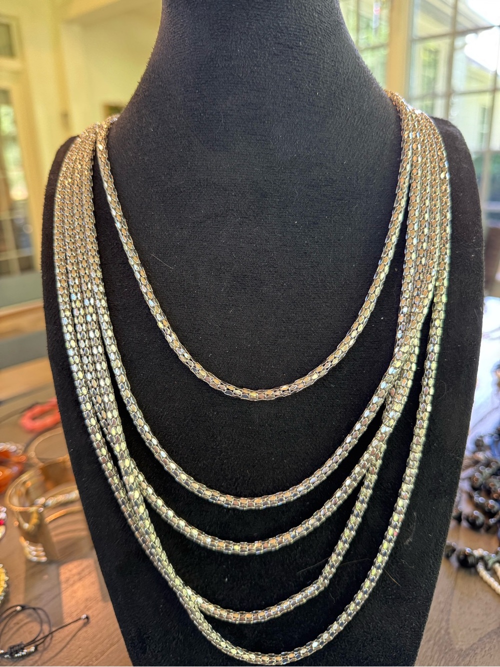 Chico’s Silver Tone Multi Strand Layered Chain Statement Necklace Adjustable